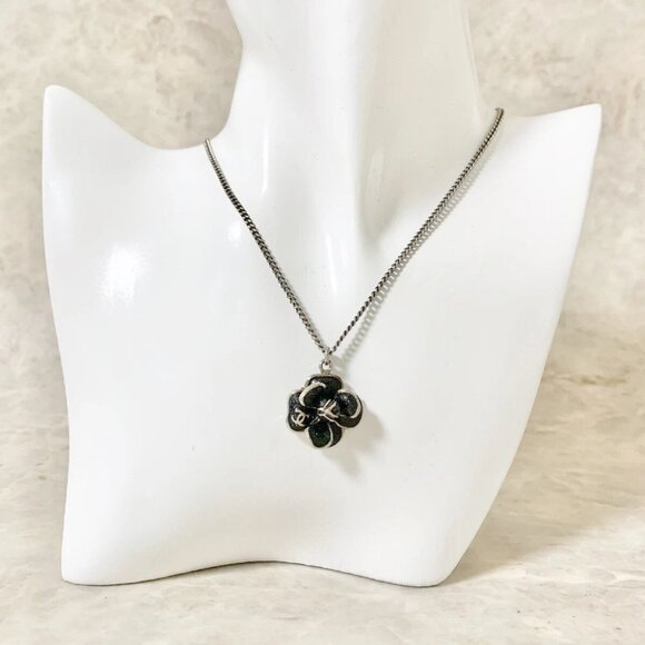 CHANEL CC Logo Black Camellia Flower Necklace 17" Silver Tone 08P Auth